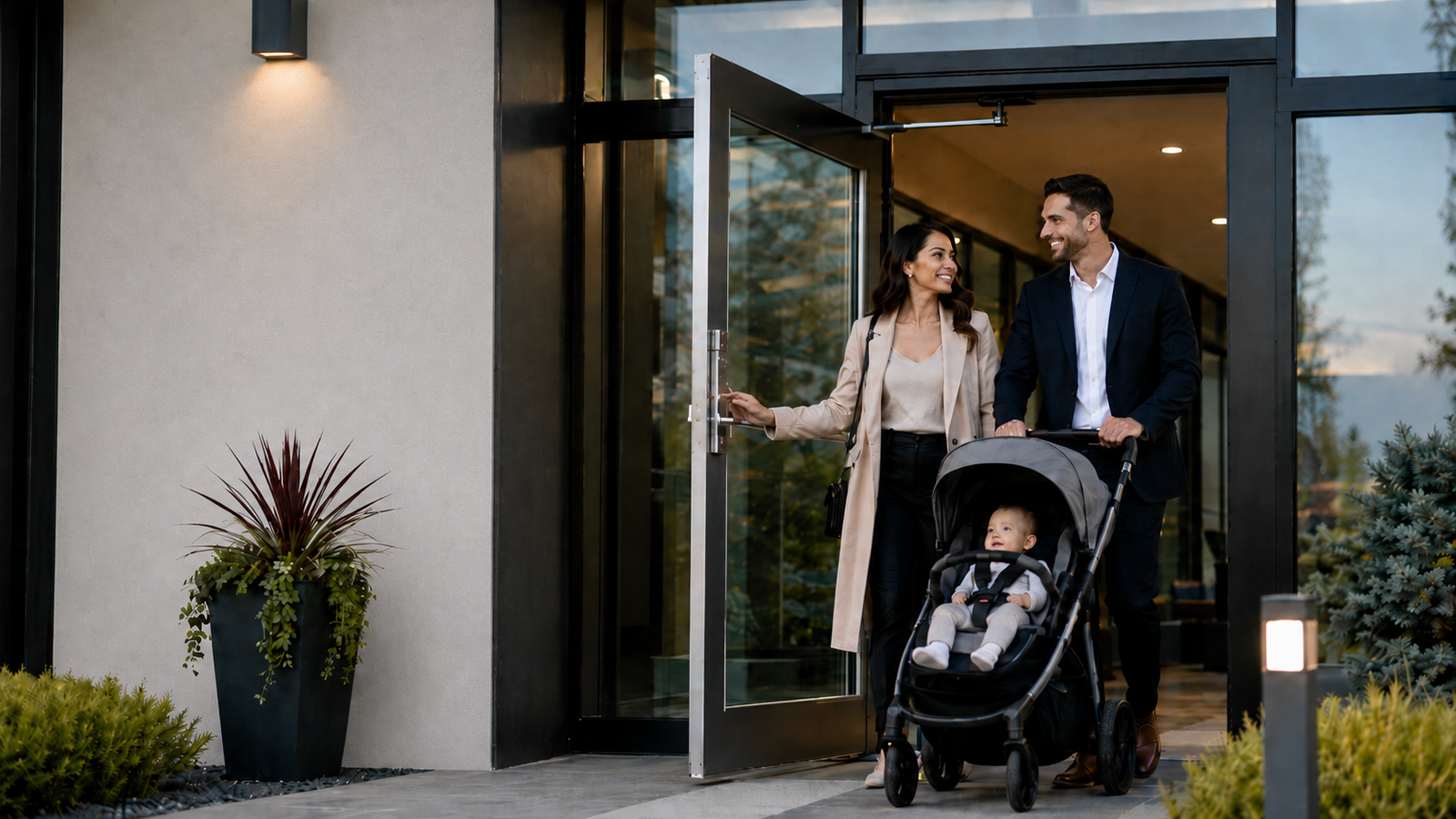 Family with a baby stroller exiting a modern building through an accessible automatic swing door equipped with an automatic door operator by Artemis-Tek Systems Inc.