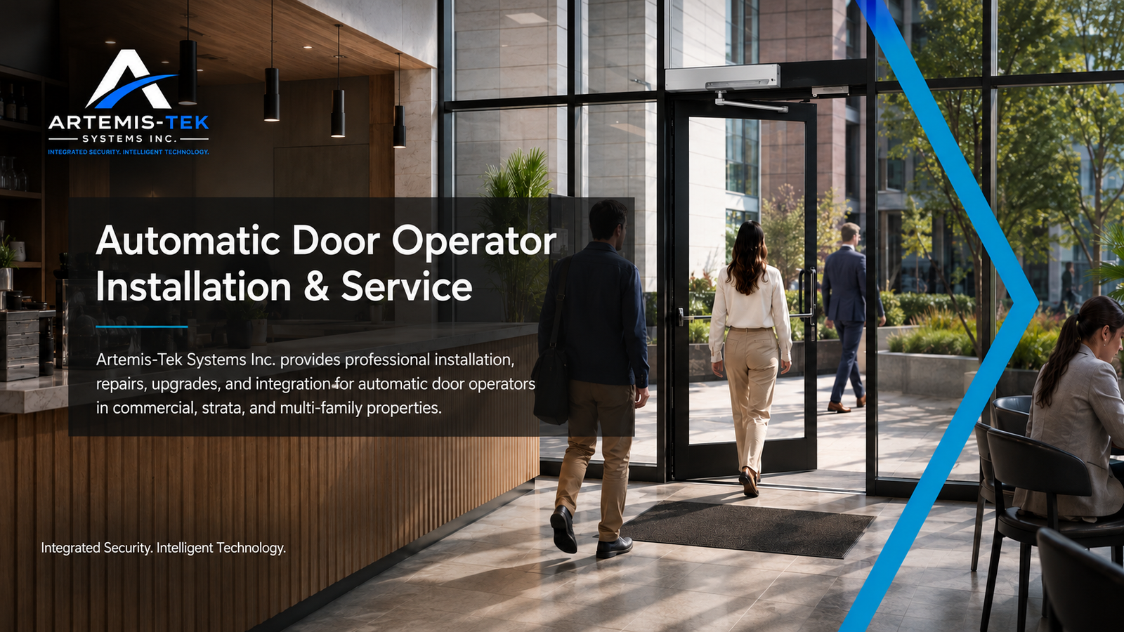 Artemis-Tek Systems Inc. automatic door operator installation and service for a modern commercial building entrance in Metro Vancouver.