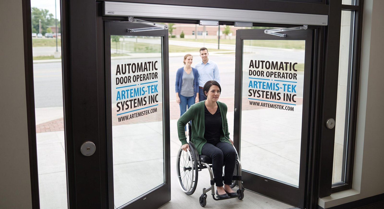 Wheelchair user entering through a double automatic swing door equipped with an accessible automatic door operator by Artemis-Tek Systems Inc.