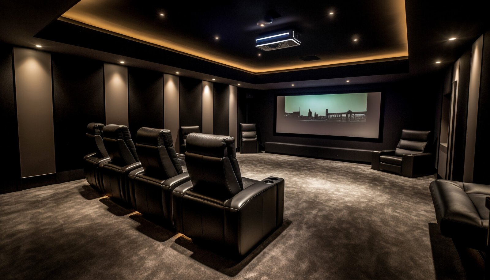 Luxury private home theater featuring plush black leather recliner seating, ceiling-mounted projector, large projection screen, and ambient modern cove lighting.