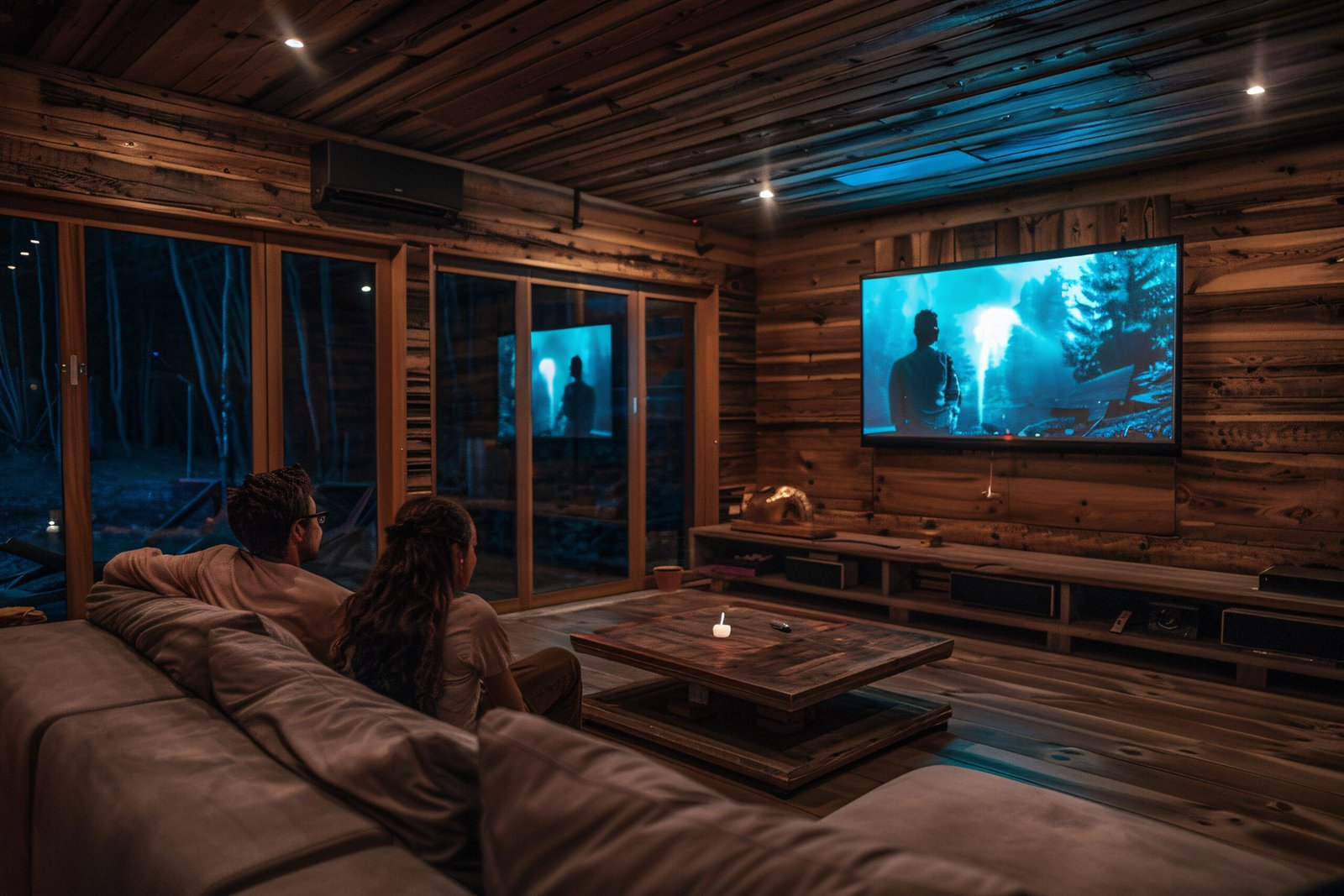 Couple sitting on a comfortable couch in a cozy wood-paneled cabin living room watching a movie on a wall-mounted flat-screen TV at night.